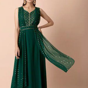 (Brand New/ Unworn) Green Foil Double Dupatta Belted Kurta